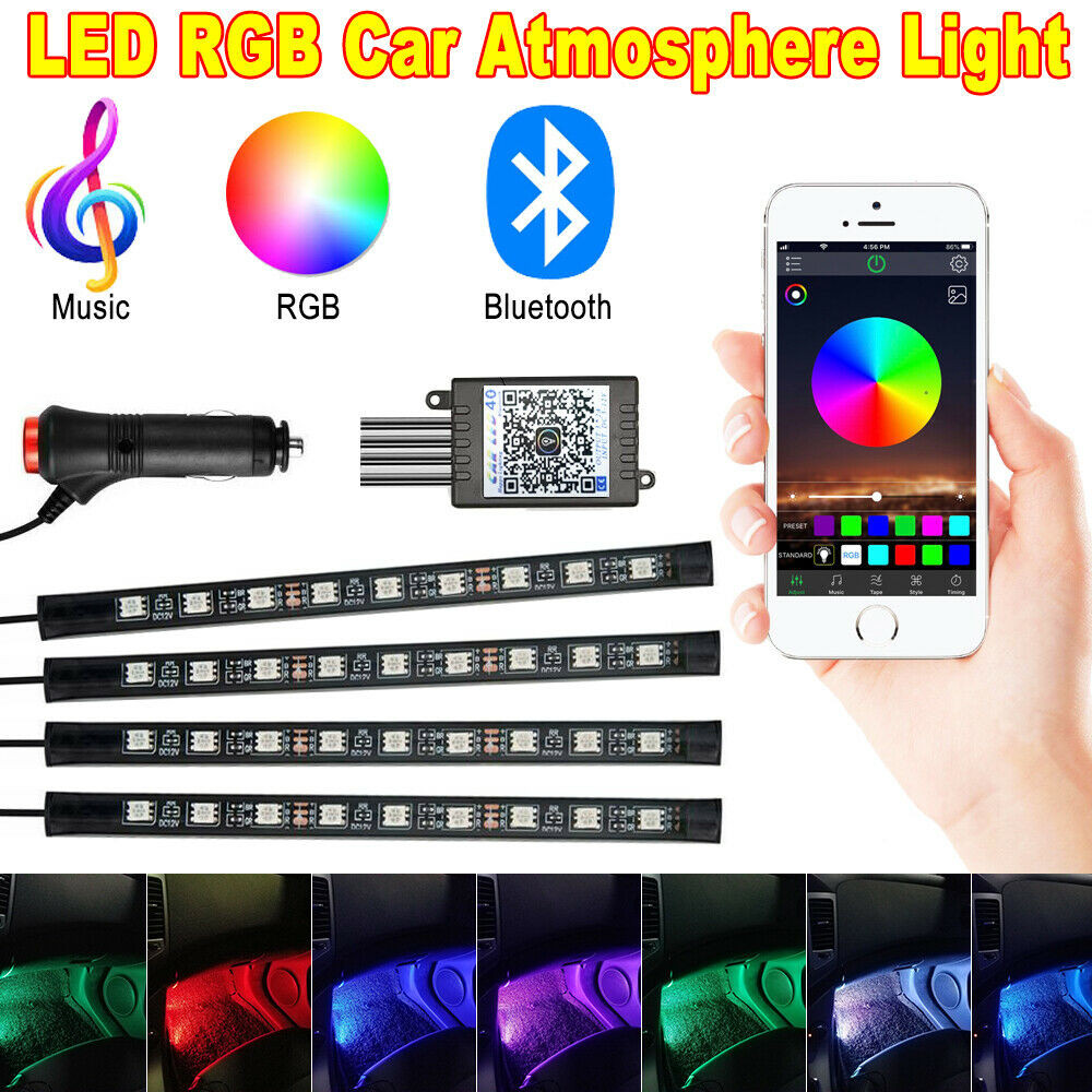  Kit 4 Lumini Ambientale RGB cu Aplicatie Telefon Bluetooth, 12V, 9 LED, 17 cm