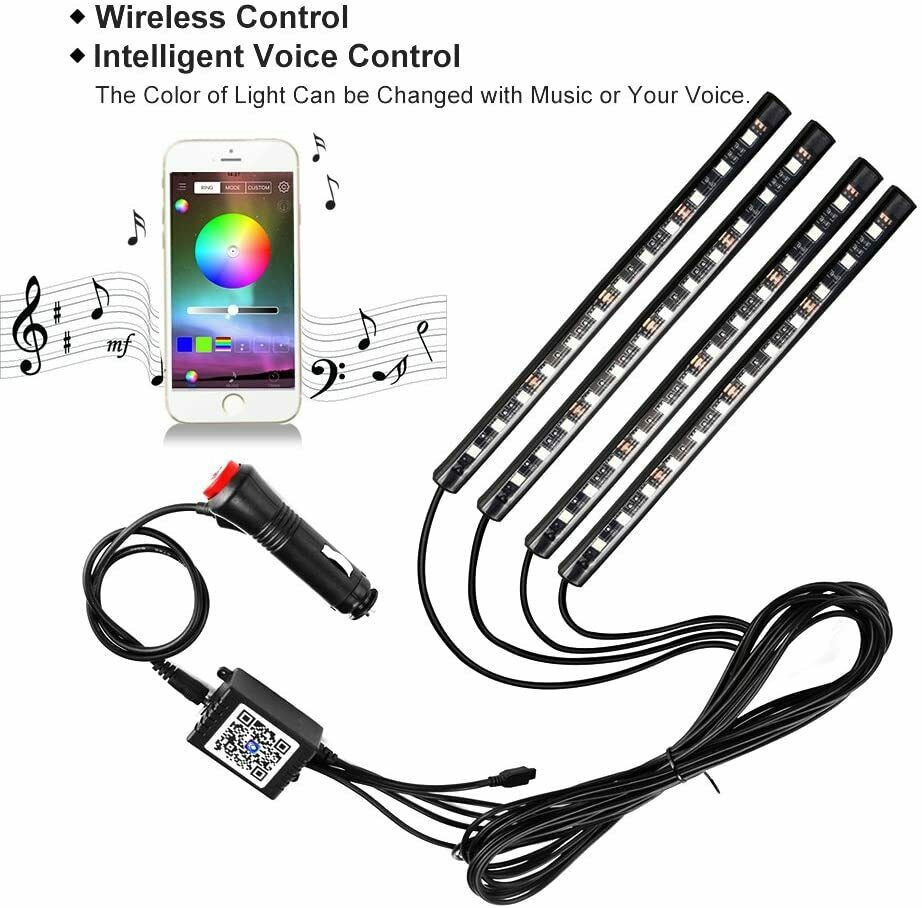  Kit 4 Lumini Ambientale RGB cu Aplicatie Telefon Bluetooth, 12V, 12 LED, 22 cm 